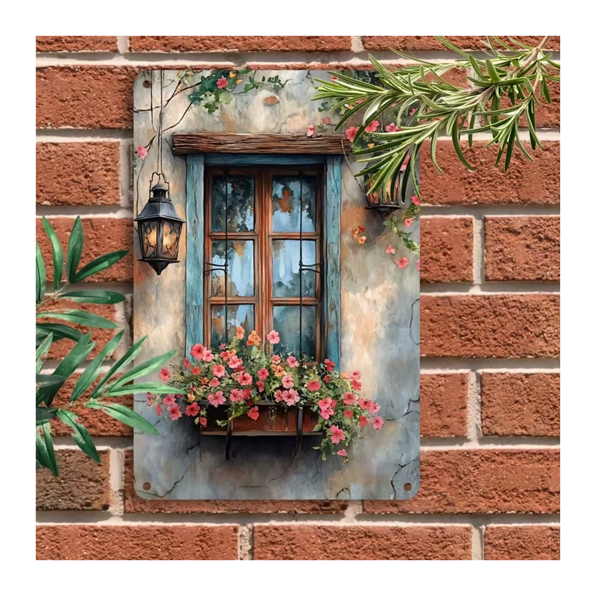 HELLOYOUNG Rustikales Wandfenster mit floralem Blumenschild in Mehrfarbig, Rechteckig, B/H: 30 x 30 cm - Bild 2
