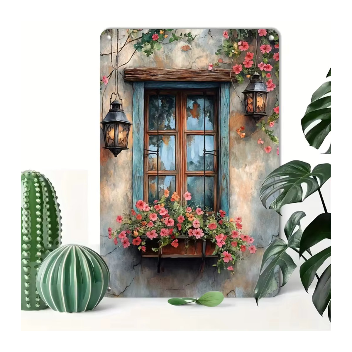 HELLOYOUNG Rustikales Wandfenster mit floralem Blumenschild in Mehrfarbig, Rechteckig, B/H: 30 x 30 cm - Bild 3