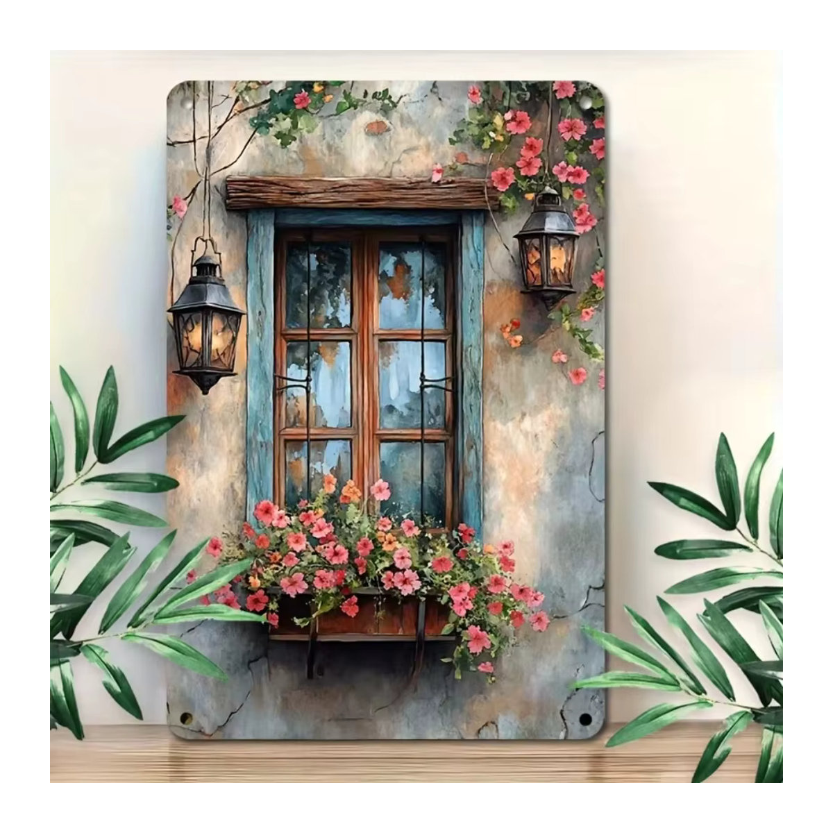 HELLOYOUNG Rustikales Wandfenster mit floralem Blumenschild in Mehrfarbig, Rechteckig, B/H: 30 x 30 cm - Bild 5