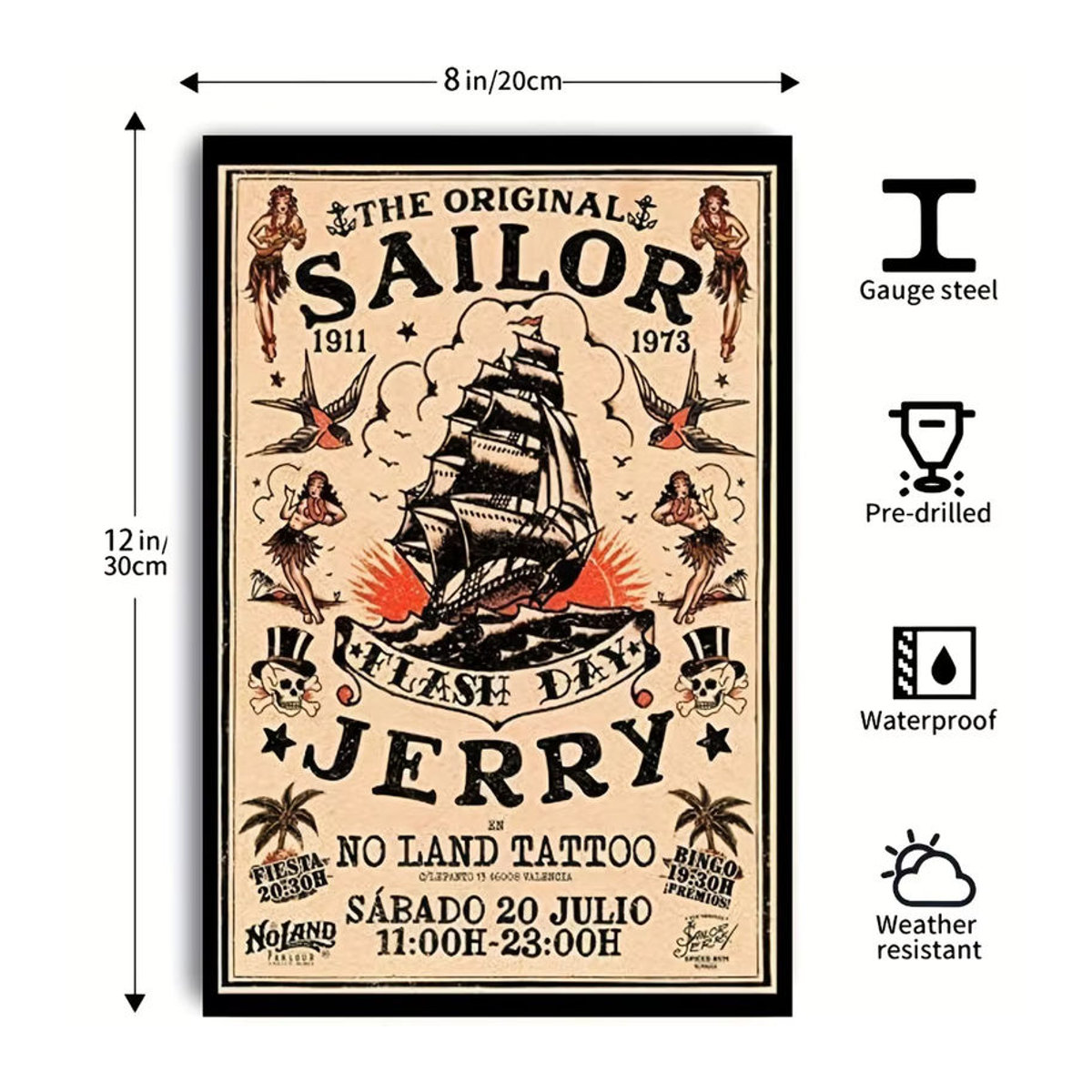 HELLOYOUNG Sailor Jerry Vintage Blechschild in Beige, nautische Metallwandkunst für Bar und Man Cave, rechteckig, B: 30 cm, H: 20 cm, T: 20 cm - Bild 2