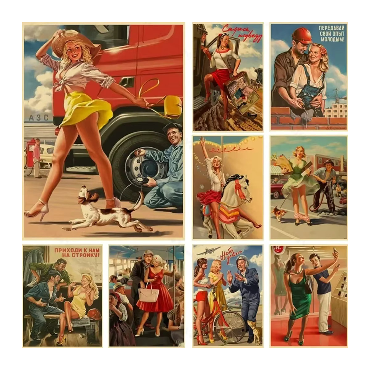 HELLOYOUNG Stalin Era Pin Up Girls Propaganda-Poster im Querformat, mehrfarbiges Vintage Porträt auf Papier zur Wandmontage - Bild 4