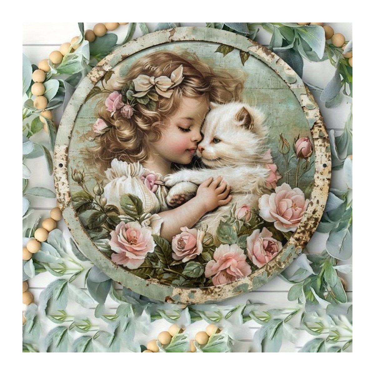 HELLOYOUNG Vintage-Aluminiumschild mit Rosen und weißer Katze als Wanddekoration aus Metall in Mehrfarbig - Bild 1