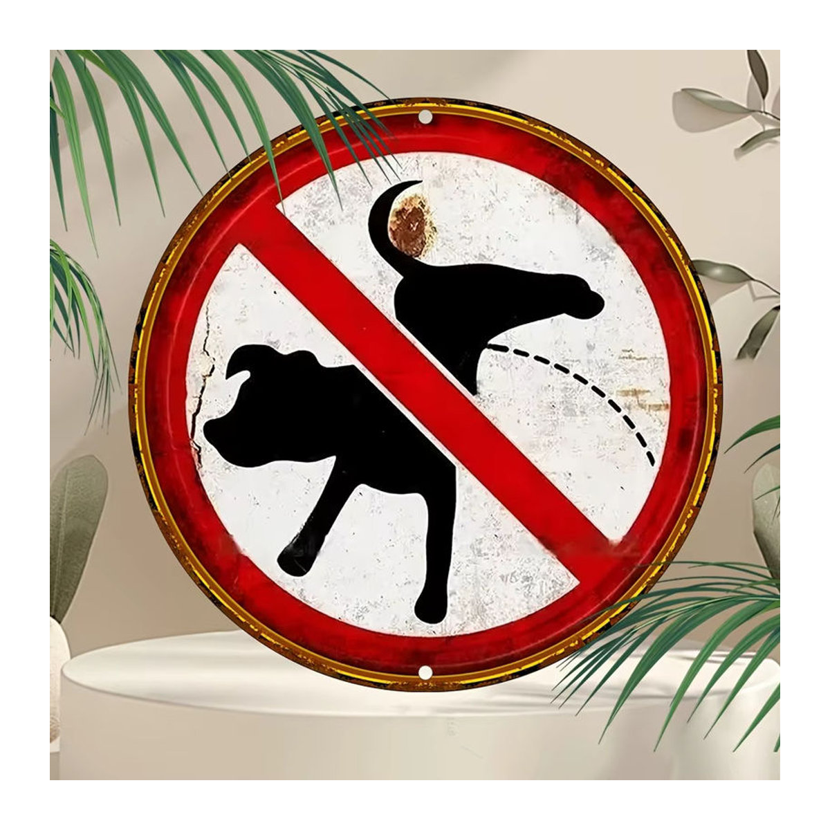 HELLOYOUNG Vintage-Aluminiumschild No Dog Pooping, rund, weiß, Durchmesser: 20,3 cm - Bild 3