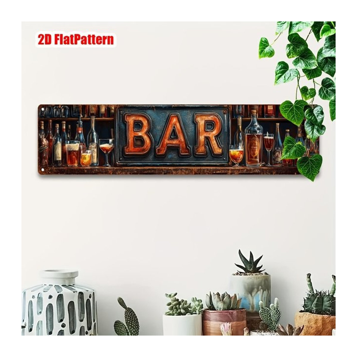 HELLOYOUNG Vintage BAR Metallblechschild im Querformat mit Weinflaschen- und Gläsendesign, mehrfarbige Retro-Wandkunst für Küche und Garage, B/H: 40 x 40 cm - Bild 1