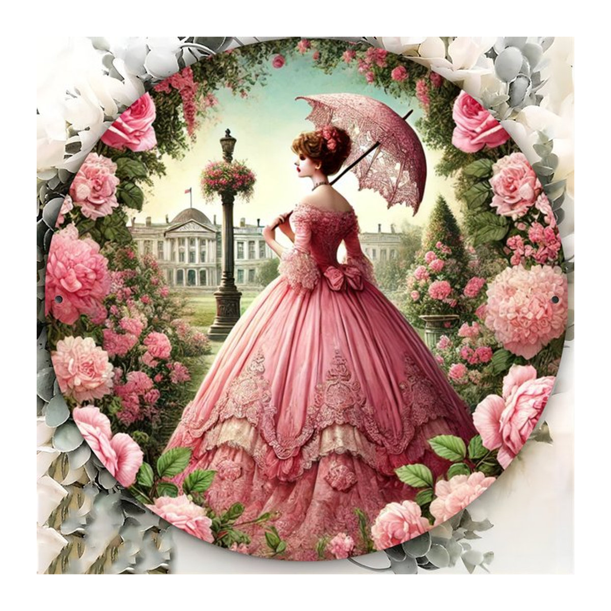 HELLOYOUNG Vintage Garden Lady Rundes Metallschild mit floralem Porträt in Rosa zur Wandmontage - Bild 1