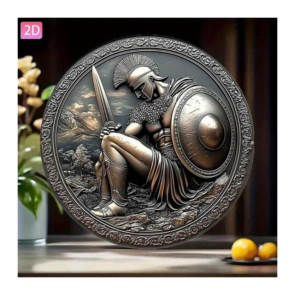 HELLOYOUNG Vintage Griechische Kriegerstatue als Wanddekoration aus Metall in Braun, Rund - Bild 1