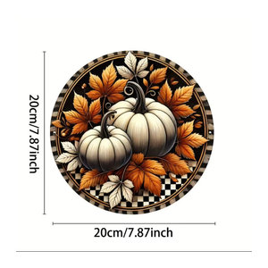 HELLOYOUNG Vintage Herbst Blechschild Rund mit Kürbissen und Schachbrettmuster in Weiß, Orange und Schwarz