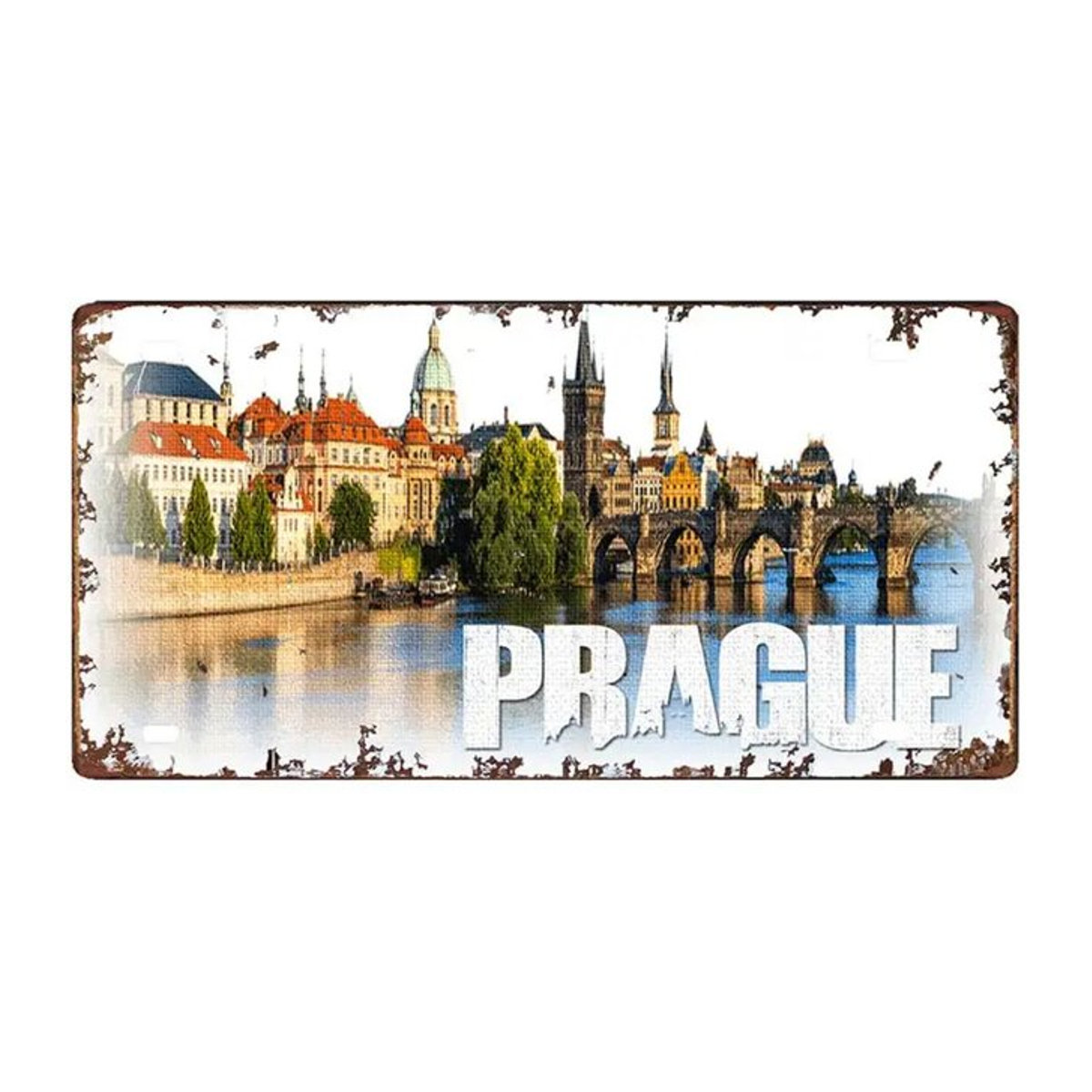 HELLOYOUNG Vintage Metall Wandschild Willkommen in Prag Reise Souvenir Plaque, B: 30 cm, H: 15 cm - Bild 1