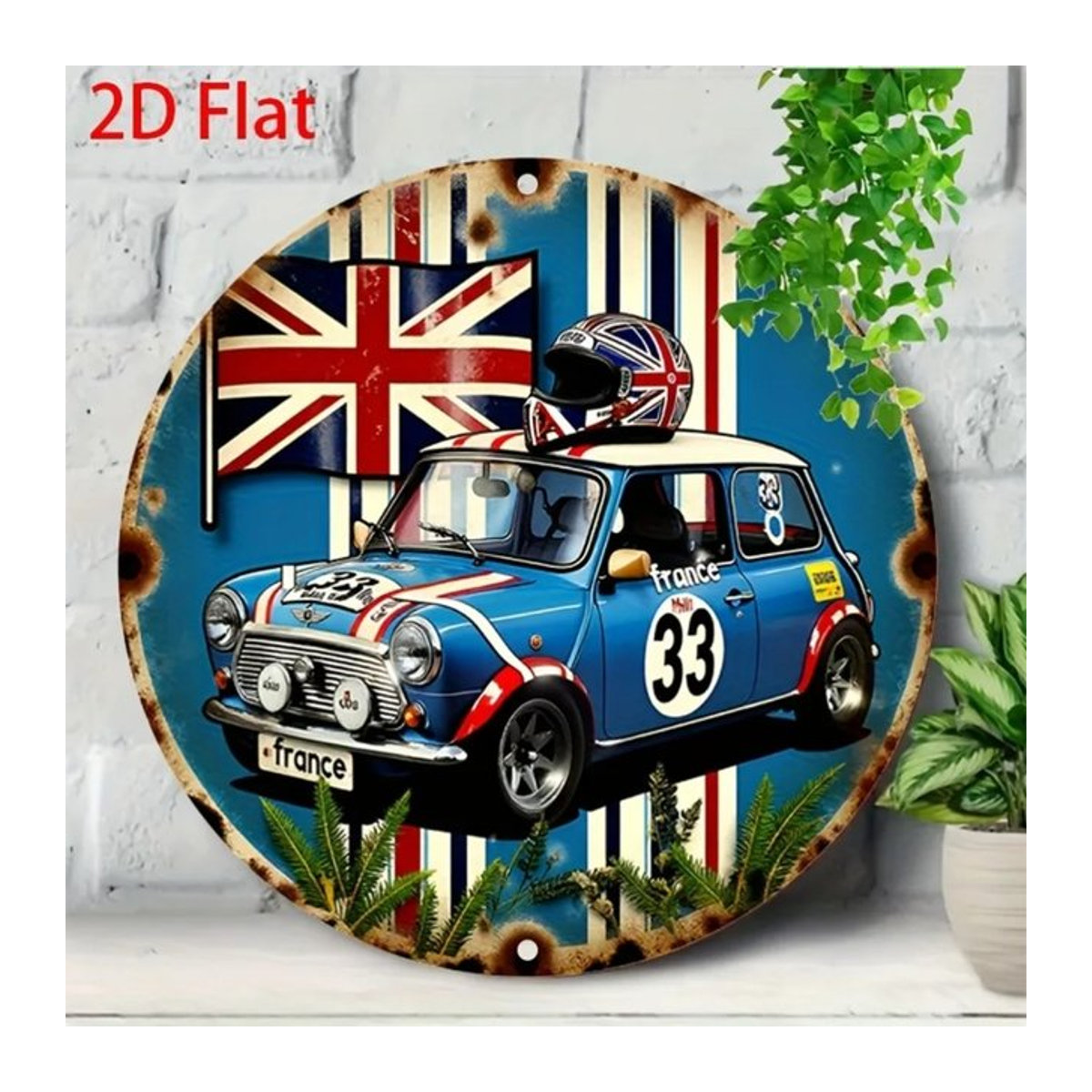 HELLOYOUNG Vintage Metallblechschild Rund mit britischem Rennwagen und Union Jack Design, mehrfarbig, Durchmesser: 20 cm - Bild 1