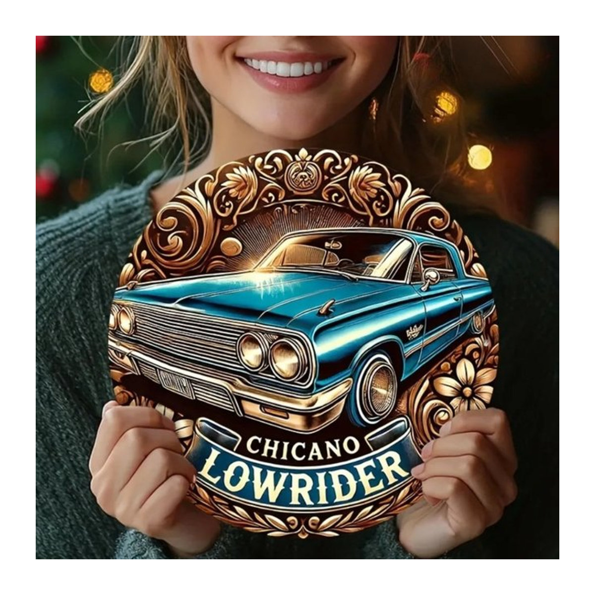 HELLOYOUNG Vintage Metallschild Chicano Lowrider Auto Wandkunst in Blau, Quadratische Metallplatte zur Wandmontage für Outdoor und Innenraum - Bild 1