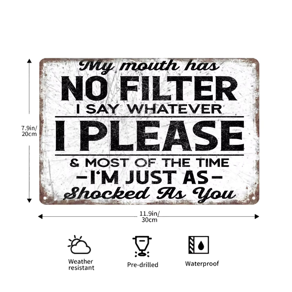 HELLOYOUNG Vintage Metallschild Mein Mund hat keinen Filter, Lustiges Aluminium Wandposter in Weiß, Querformat, B: 30 cm, H: 20 cm - Bild 2