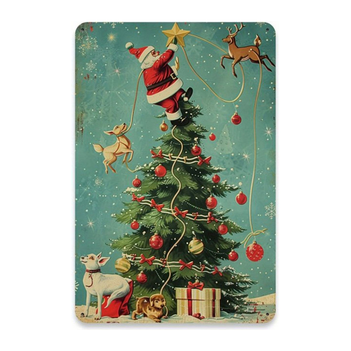 HELLOYOUNG Vintage-Metallschild Naughty Santa on Tree, mehrfarbige Weihnachtsdekoration aus Metall, rechteckig, B: 30 cm, H: 20 cm - Bild 1