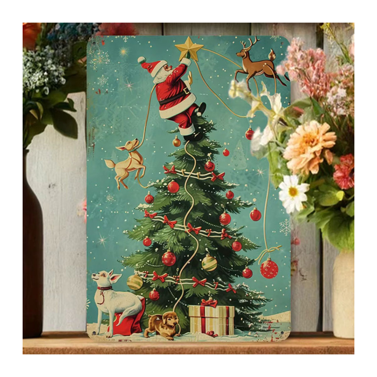 HELLOYOUNG Vintage-Metallschild Naughty Santa on Tree, mehrfarbige Weihnachtsdekoration aus Metall, rechteckig, B: 30 cm, H: 20 cm - Bild 3