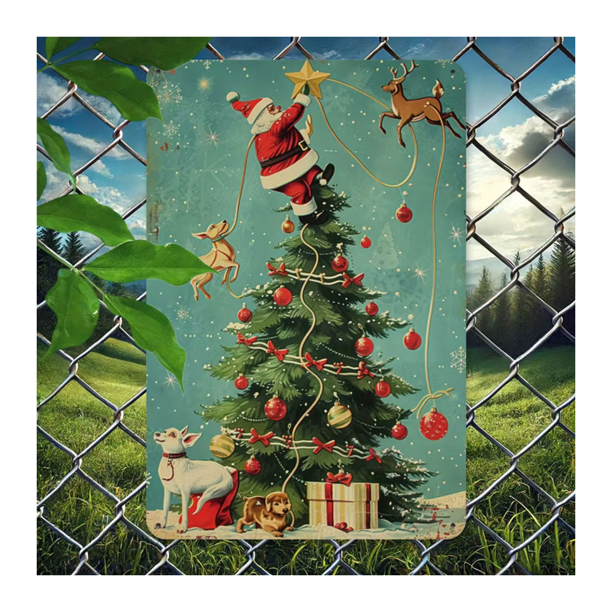 HELLOYOUNG Vintage-Metallschild Naughty Santa on Tree, mehrfarbige Weihnachtsdekoration aus Metall, rechteckig, B: 30 cm, H: 20 cm - Bild 5