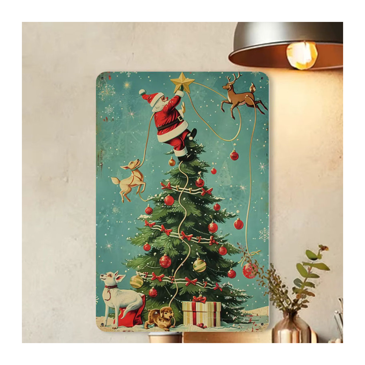 HELLOYOUNG Vintage-Metallschild Naughty Santa on Tree, mehrfarbige Weihnachtsdekoration aus Metall, rechteckig, B: 30 cm, H: 20 cm - Bild 6