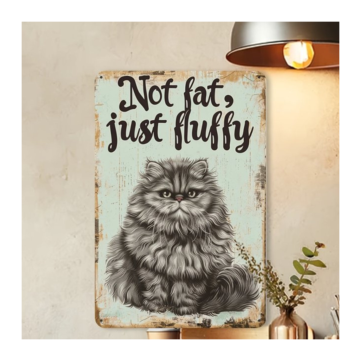 HELLOYOUNG Vintage Metallschild Not Fat Just Fluffy Katzendekor mehrfarbig Breite: 30,48 cm, Höhe: 20,32 cm - Bild 1
