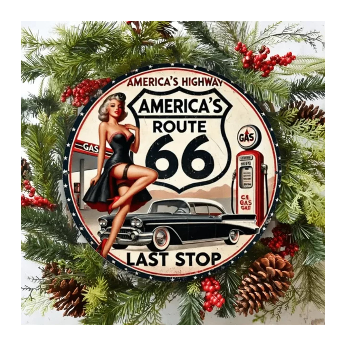 HELLOYOUNG Vintage-Metallschild Route 66 mit Pin-Up-Girl und Oldtimer, mehrfarbige Wanddekoration, Durchmesser: 20 cm - Bild 1