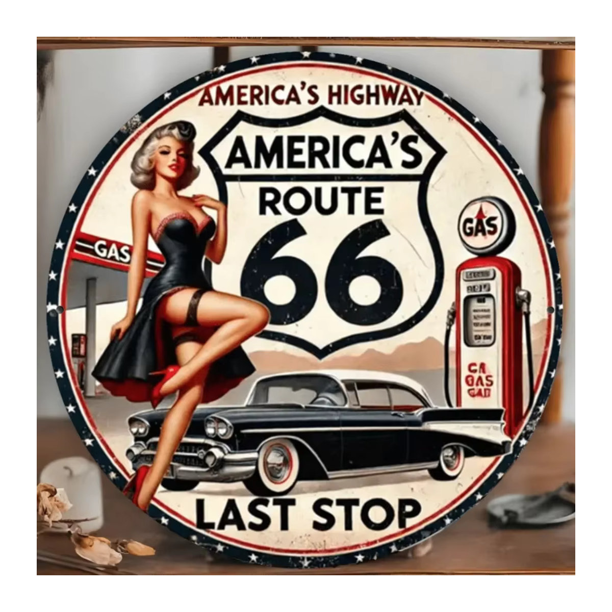 HELLOYOUNG Vintage-Metallschild Route 66 mit Pin-Up-Girl und Oldtimer, mehrfarbige Wanddekoration, Durchmesser: 20 cm - Bild 3