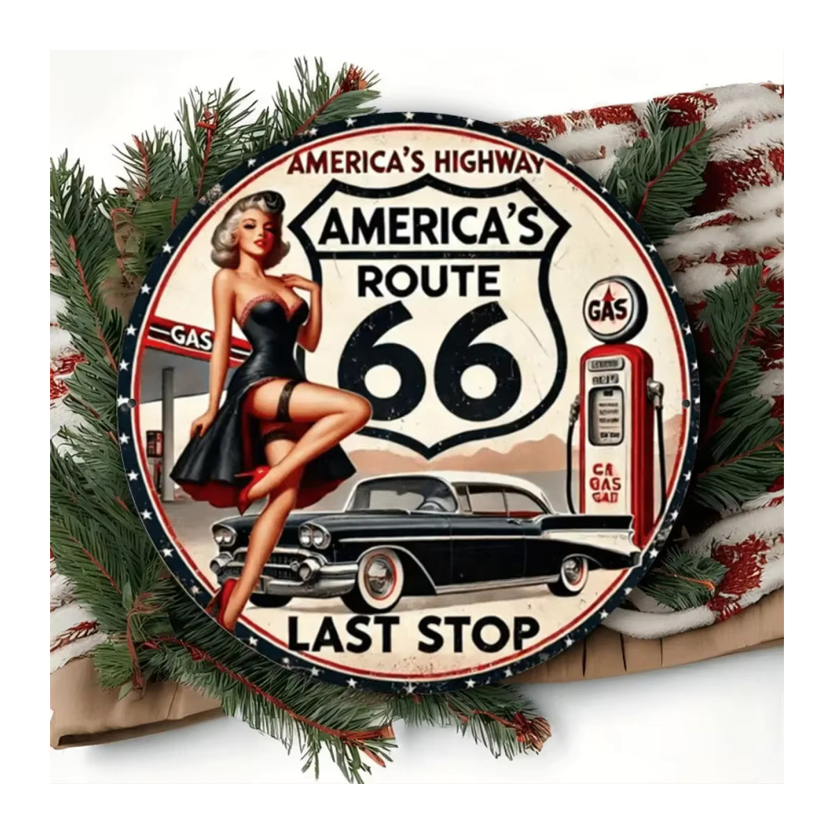 HELLOYOUNG Vintage-Metallschild Route 66 mit Pin-Up-Girl und Oldtimer, mehrfarbige Wanddekoration, Durchmesser: 20 cm - Bild 6