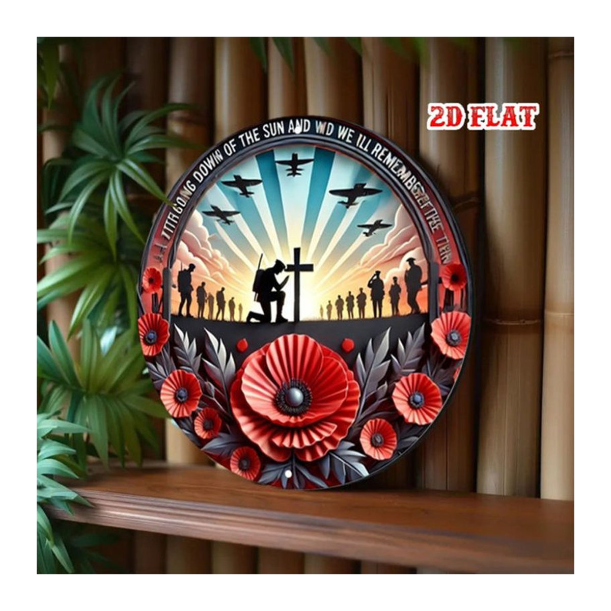 HELLOYOUNG Vintage Militär Wandschild aus Metall, Rundes Aluminium-Dekor mit rotem Mohn und Soldat-Silhouette, Durchmesser: 19,81 cm - Bild 1