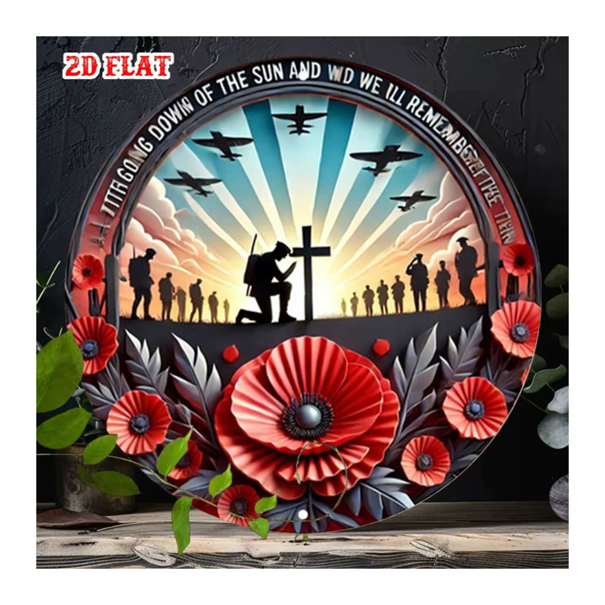 HELLOYOUNG Vintage Militär Wandschild aus Metall, Rundes Aluminium-Dekor mit rotem Mohn und Soldat-Silhouette, Durchmesser: 19,81 cm - Bild 3