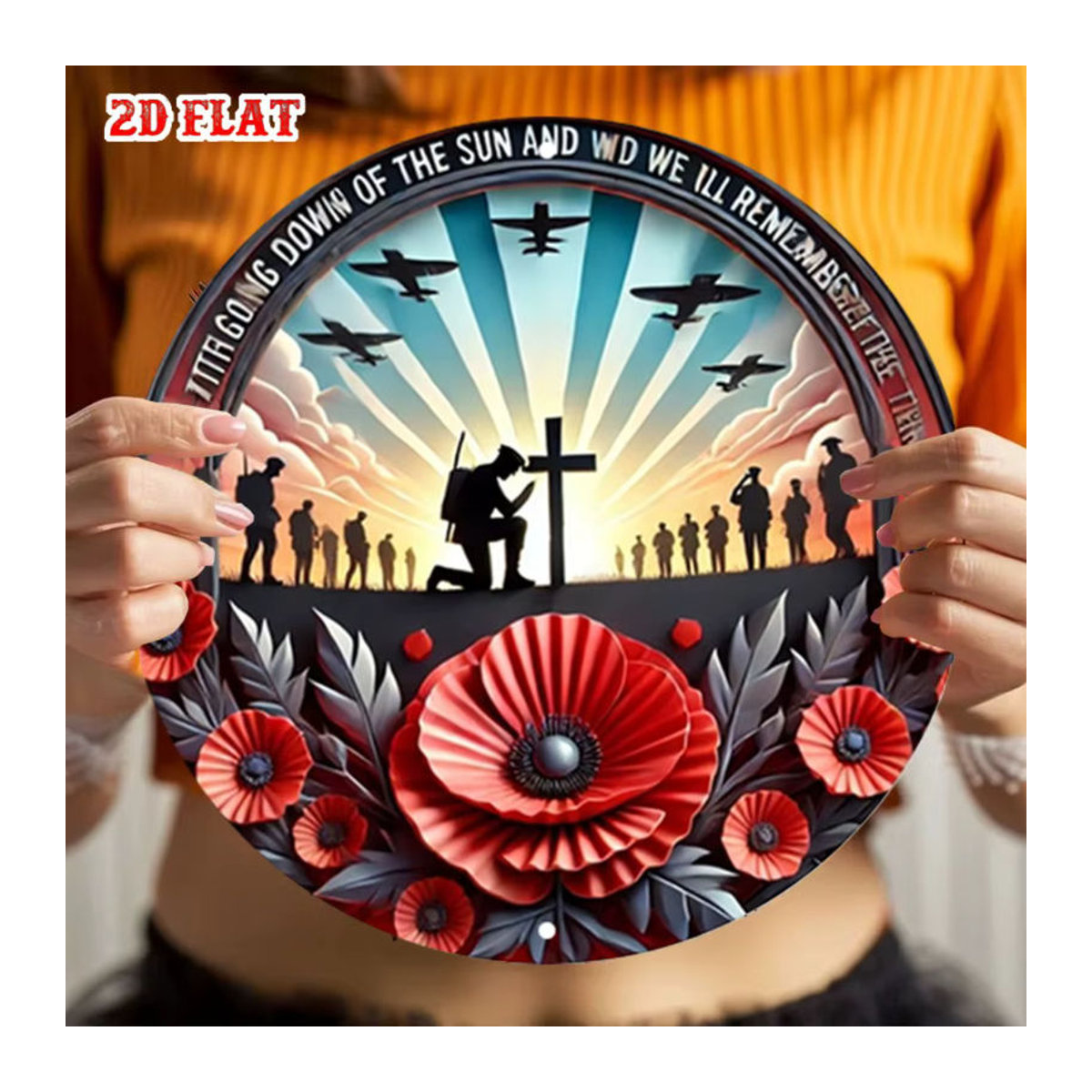 HELLOYOUNG Vintage Militär Wandschild aus Metall, Rundes Aluminium-Dekor mit rotem Mohn und Soldat-Silhouette, Durchmesser: 19,81 cm - Bild 5
