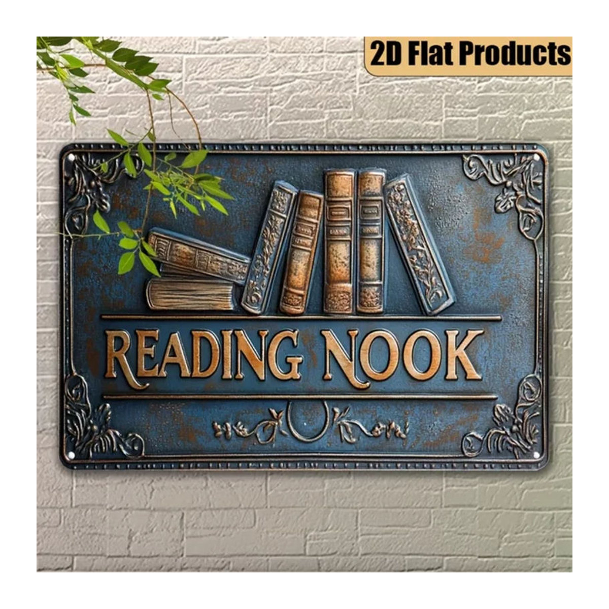 HELLOYOUNG Vintage Reading Nook Wanddekoration aus Metall in Blau, Rechteckiges 2D-Flachschild für das Heimbüro, B/H: 30 x 20 cm - Bild 1