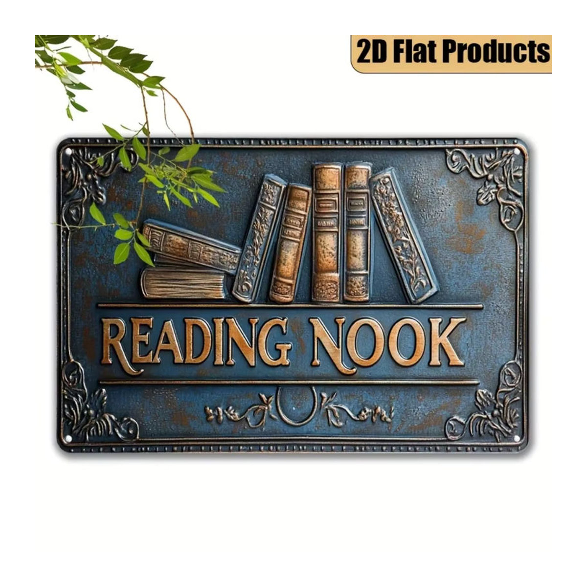 HELLOYOUNG Vintage Reading Nook Wanddekoration aus Metall in Blau, Rechteckiges 2D-Flachschild für das Heimbüro, B/H: 30 x 20 cm - Bild 2