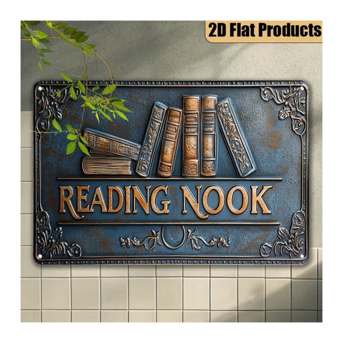 HELLOYOUNG Vintage Reading Nook Wanddekoration aus Metall in Blau, Rechteckiges 2D-Flachschild für das Heimbüro, B/H: 30 x 20 cm - Bild 3