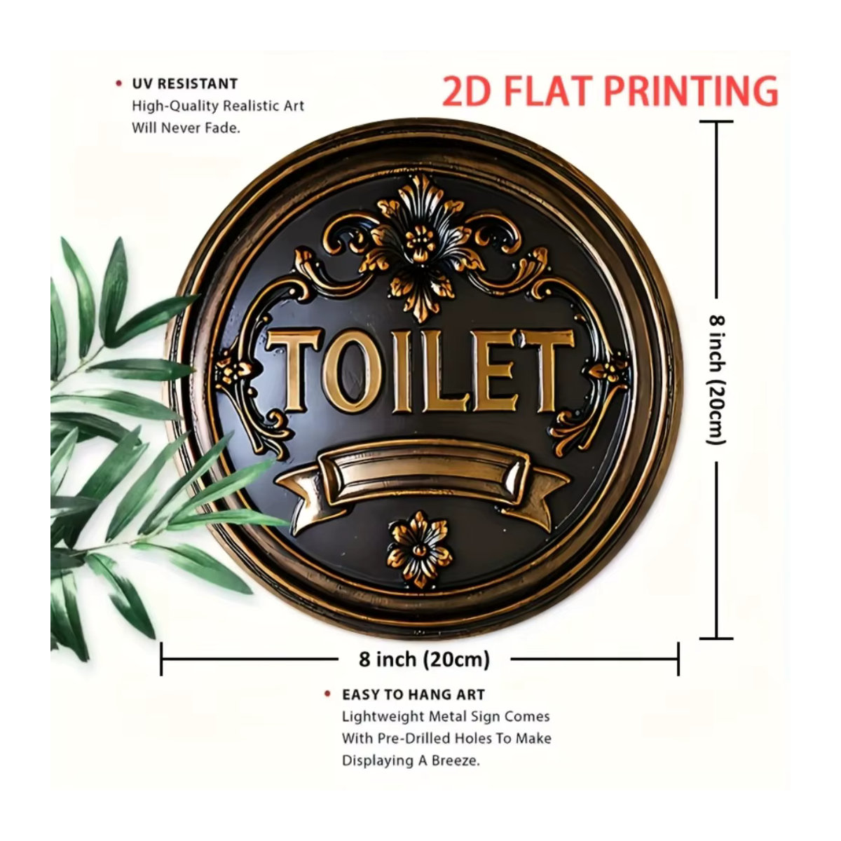 HELLOYOUNG Vintage Toilettenschild aus Metall in Schwarz mit goldenen Blumenakzenten, rundes Wandkunst-Schild zum Aufhängen, Durchmesser: 20 cm - Bild 2
