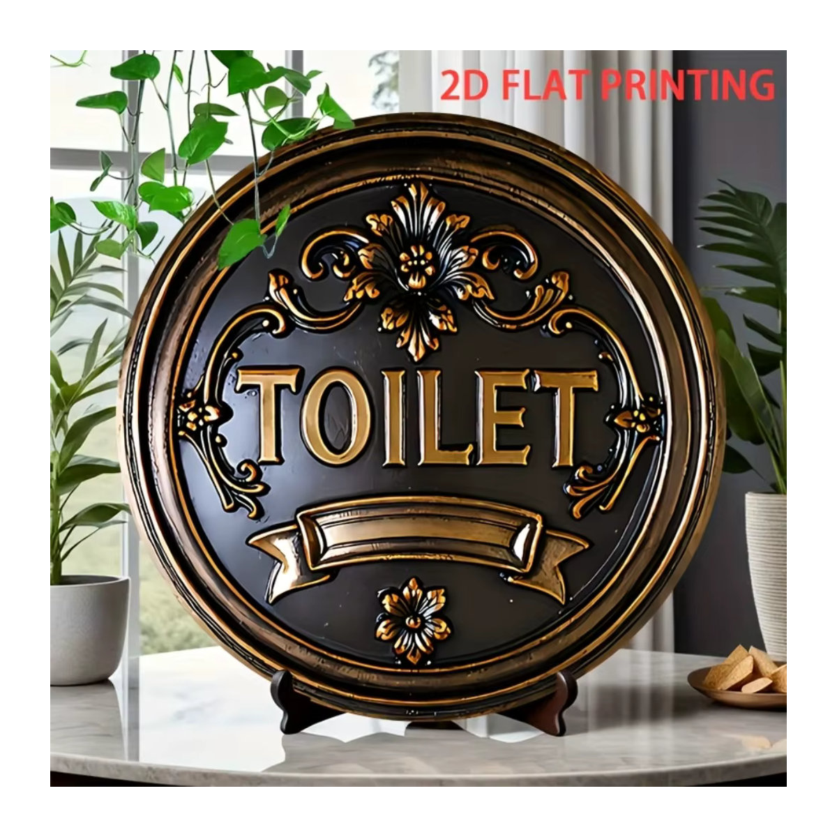 HELLOYOUNG Vintage Toilettenschild aus Metall in Schwarz mit goldenen Blumenakzenten, rundes Wandkunst-Schild zum Aufhängen, Durchmesser: 20 cm - Bild 4