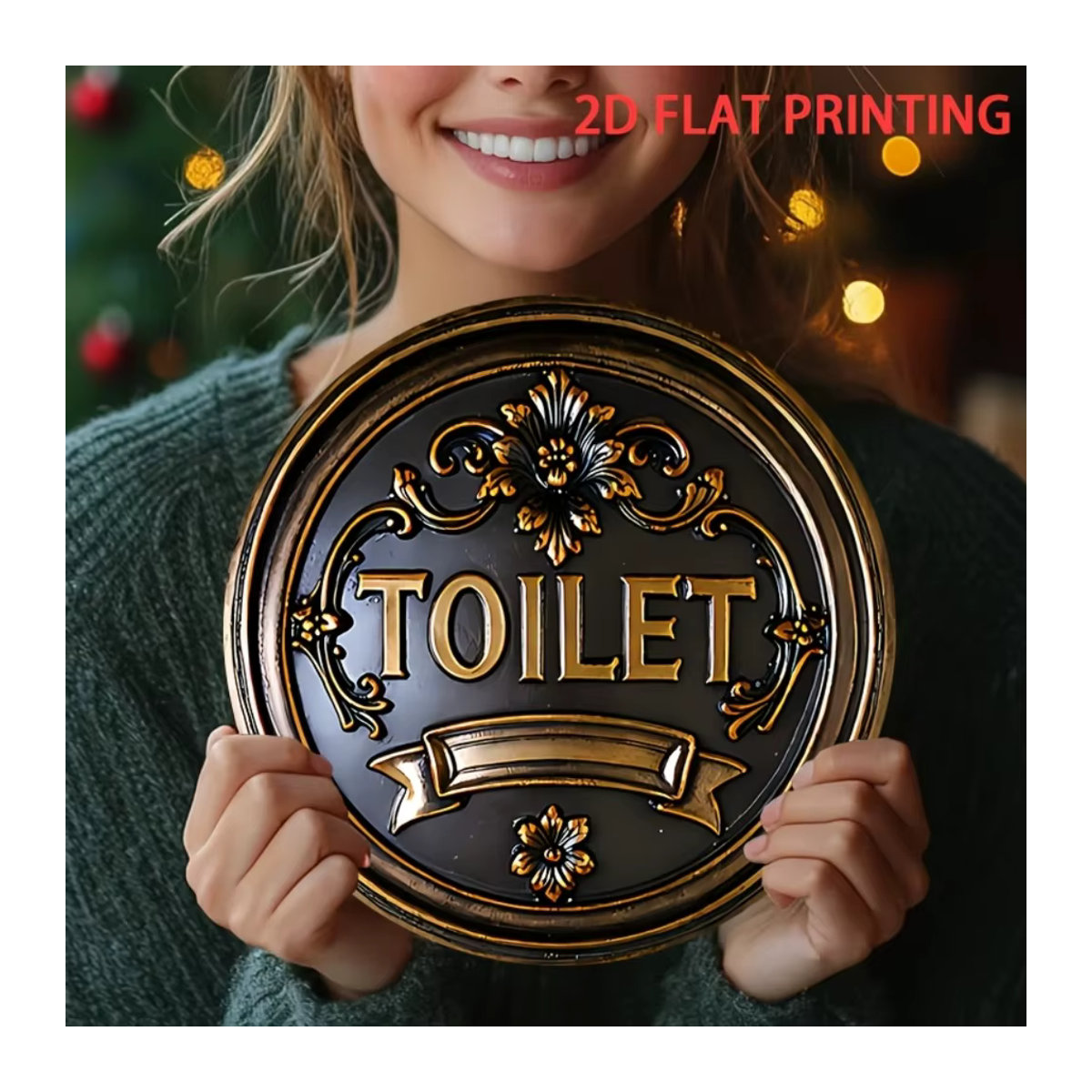HELLOYOUNG Vintage Toilettenschild aus Metall in Schwarz mit goldenen Blumenakzenten, rundes Wandkunst-Schild zum Aufhängen, Durchmesser: 20 cm - Bild 5