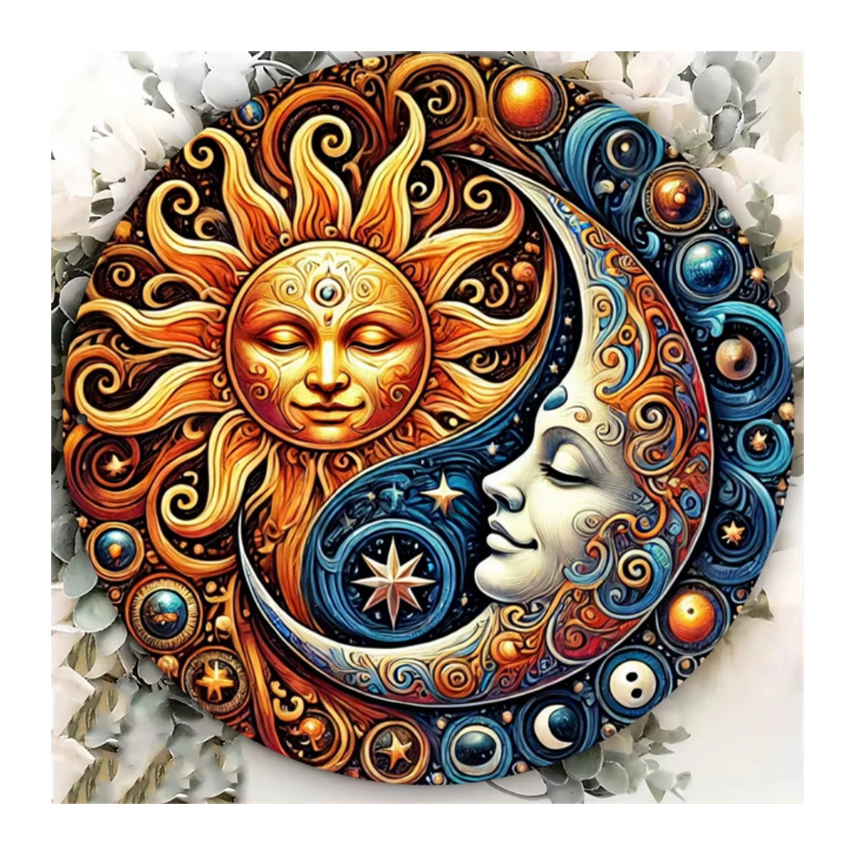 HELLOYOUNG Vintage-Wanddekoration aus Metall mit Yin-Yang-Motiv, Sonne und Mond, rund, mehrfarbig - Bild 1
