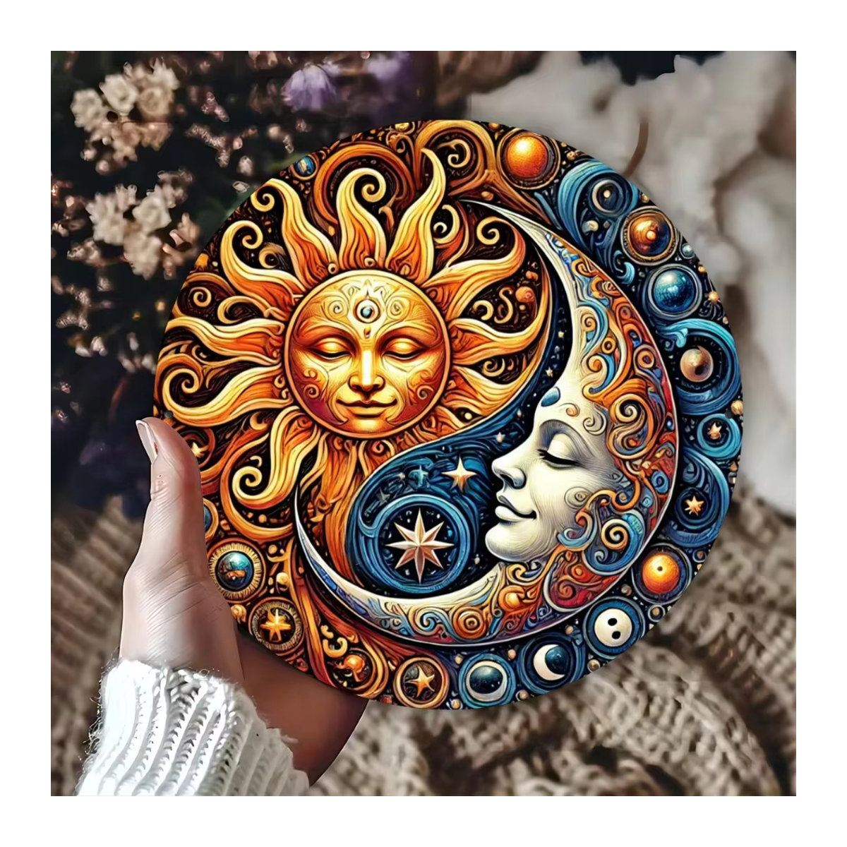 HELLOYOUNG Vintage-Wanddekoration aus Metall mit Yin-Yang-Motiv, Sonne und Mond, rund, mehrfarbig - Bild 3