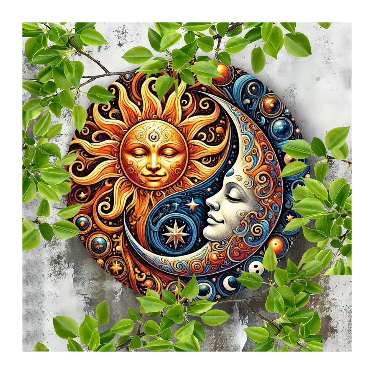 HELLOYOUNG Vintage-Wanddekoration aus Metall mit Yin-Yang-Motiv, Sonne und Mond, rund, mehrfarbig - Bild 4
