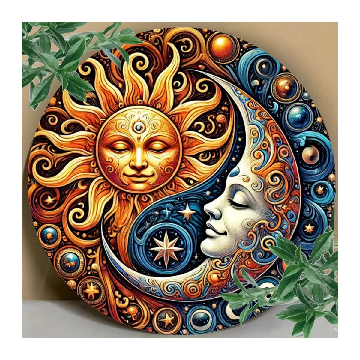 HELLOYOUNG Vintage-Wanddekoration aus Metall mit Yin-Yang-Motiv, Sonne und Mond, rund, mehrfarbig - Bild 5