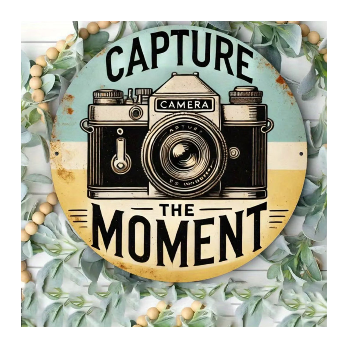 HELLOYOUNG Vintage Wanddekoration Capture the Moment mit floralen Blättern und Typografie, rund, mehrfarbig - Bild 3