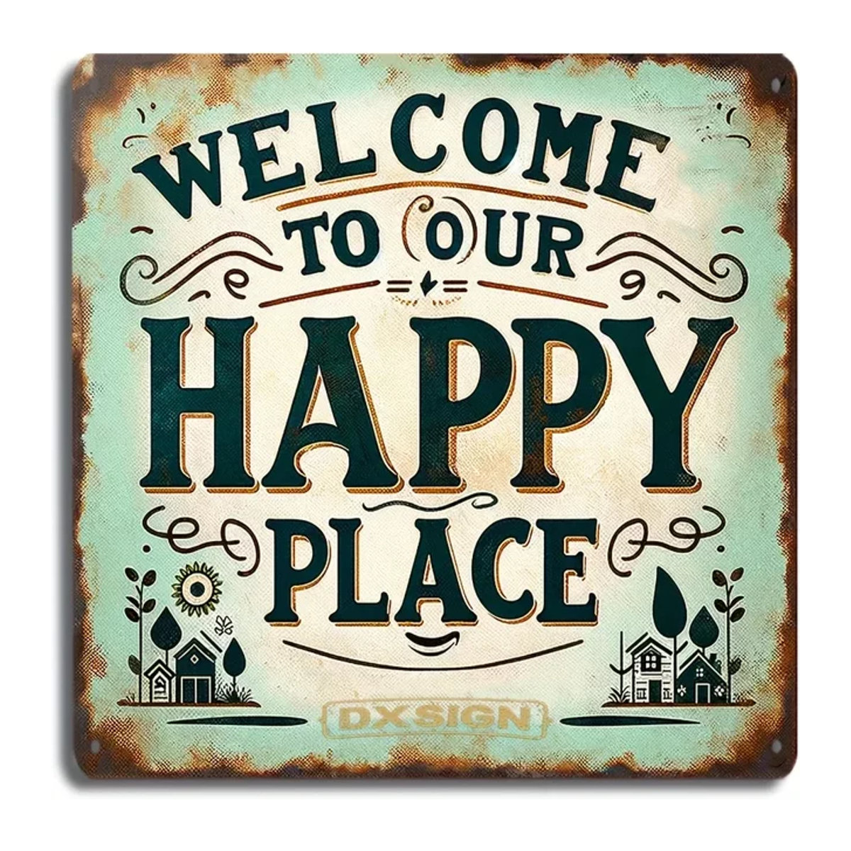 HELLOYOUNG Vintage Wandkunst aus Metall Willkommen zu unserem glücklichen Ort Schild, quadratisch, mehrfarbig, 20,32 x 20,32 cm - Bild 1