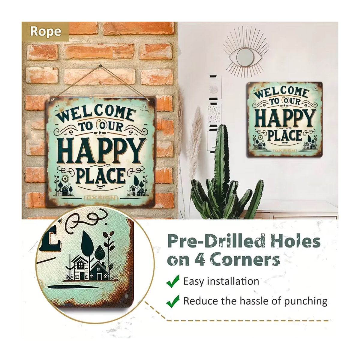 HELLOYOUNG Vintage Wandkunst aus Metall Willkommen zu unserem glücklichen Ort Schild, quadratisch, mehrfarbig, 20,32 x 20,32 cm - Bild 3