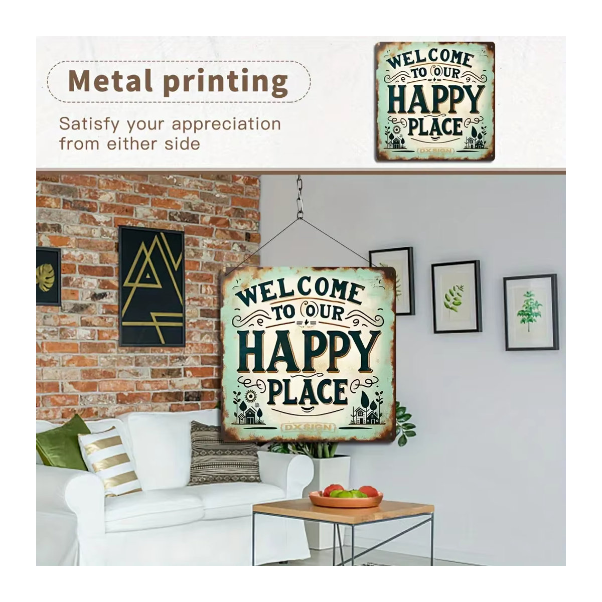 HELLOYOUNG Vintage Wandkunst aus Metall Willkommen zu unserem glücklichen Ort Schild, quadratisch, mehrfarbig, 20,32 x 20,32 cm - Bild 4