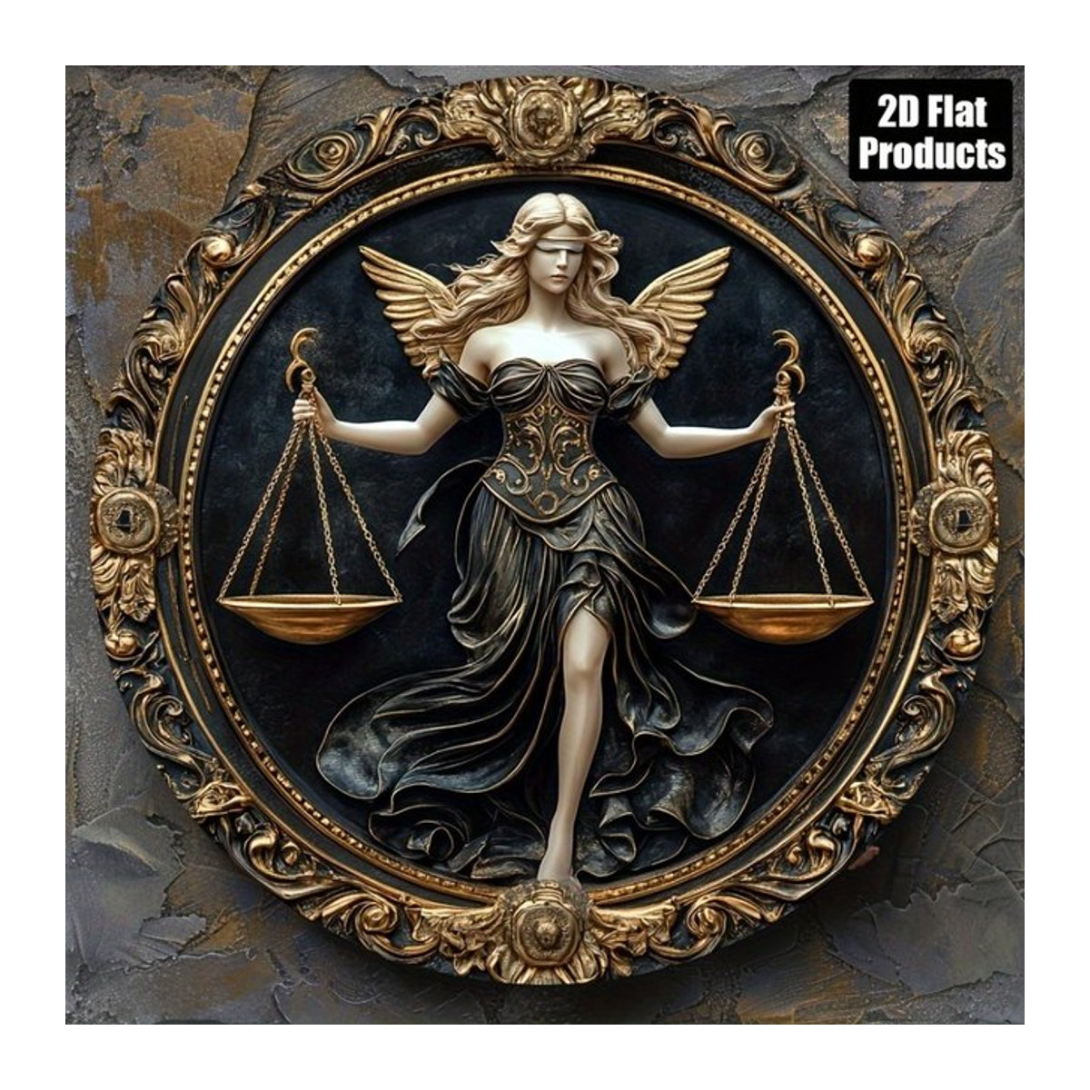 HELLOYOUNG Vintage Wandkunst Lady Justice Scales Design in Gold und Schwarz, runde 2D flache Wanddekoration - Bild 1