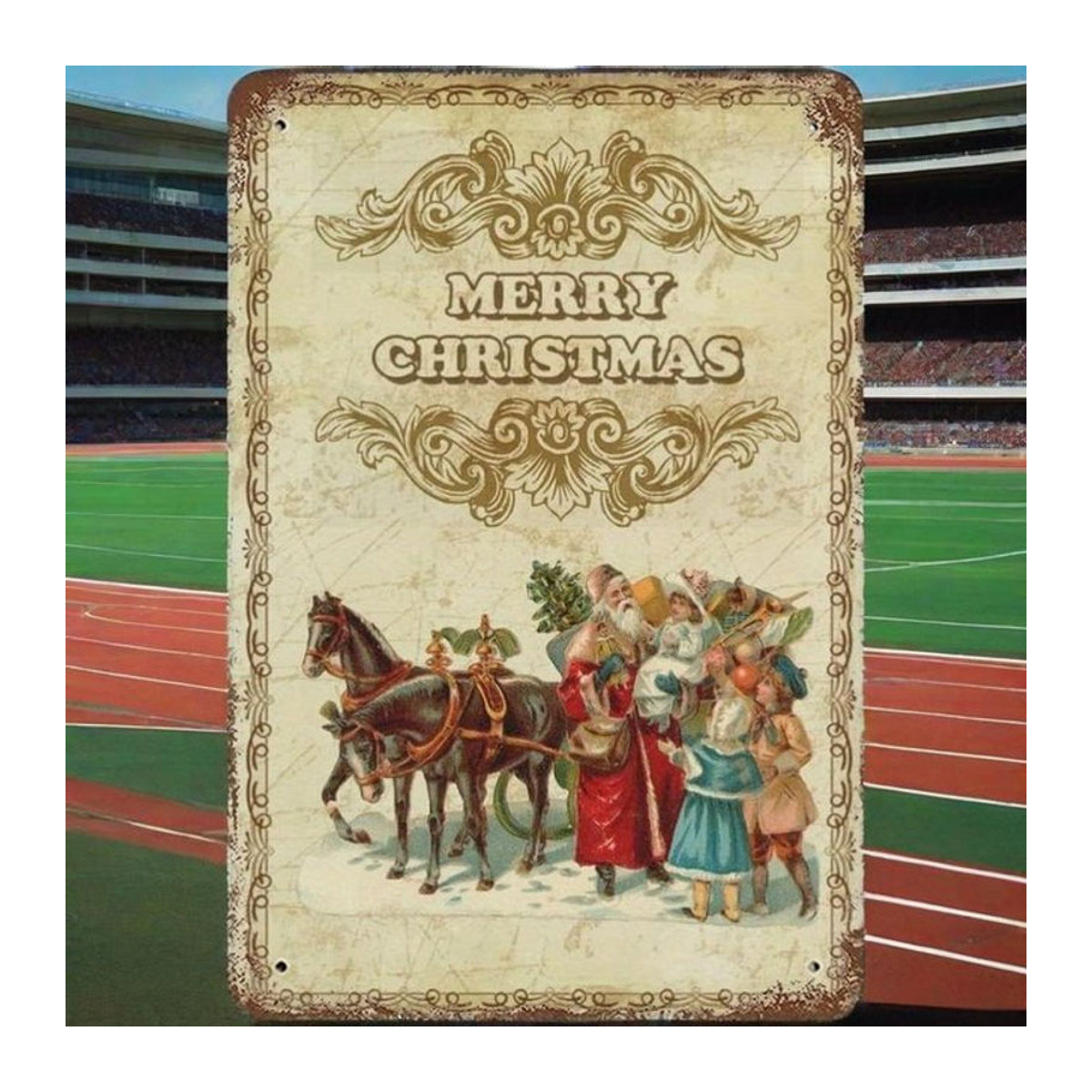 HELLOYOUNG Vintage Weihnachts-Metallschild Merry Christmas mit Weihnachtsmann und Pferdeschlitten, mehrfarbig, Rechteckig, B: 30 cm, H: 20 cm - Bild 1
