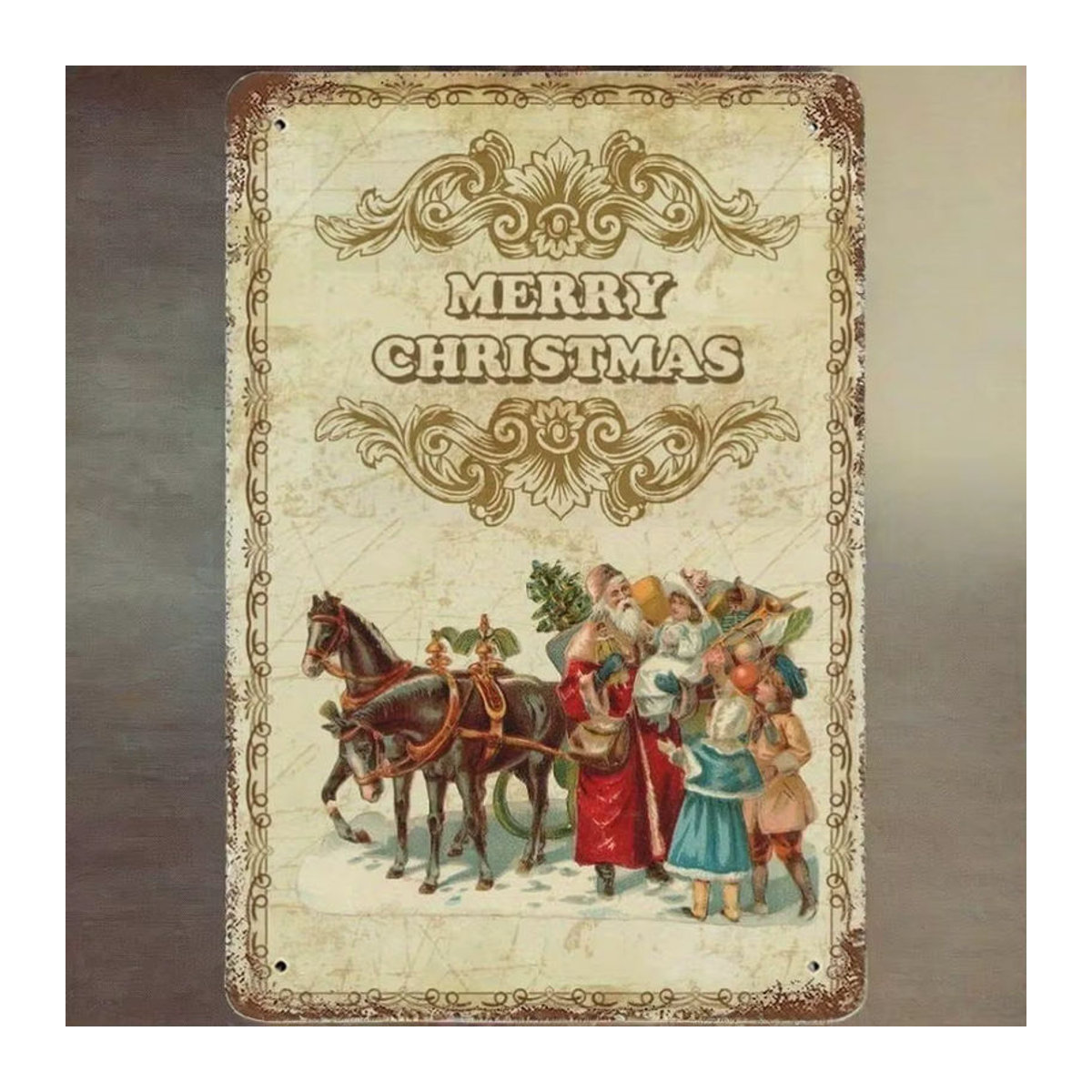 HELLOYOUNG Vintage Weihnachts-Metallschild Merry Christmas mit Weihnachtsmann und Pferdeschlitten, mehrfarbig, Rechteckig, B: 30 cm, H: 20 cm - Bild 2