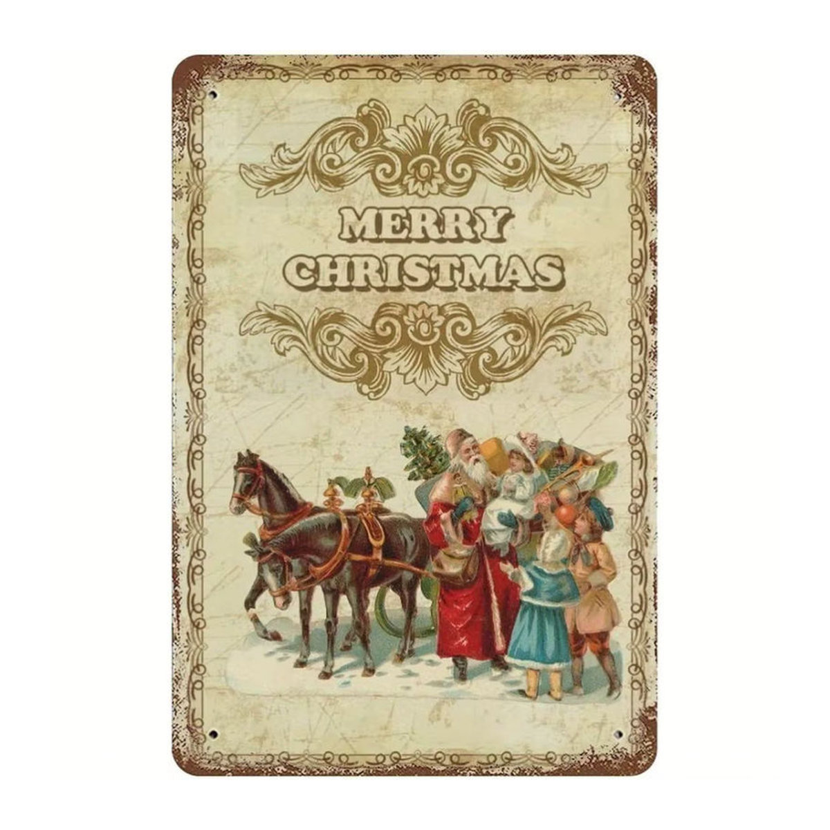 HELLOYOUNG Vintage Weihnachts-Metallschild Merry Christmas mit Weihnachtsmann und Pferdeschlitten, mehrfarbig, Rechteckig, B: 30 cm, H: 20 cm - Bild 3