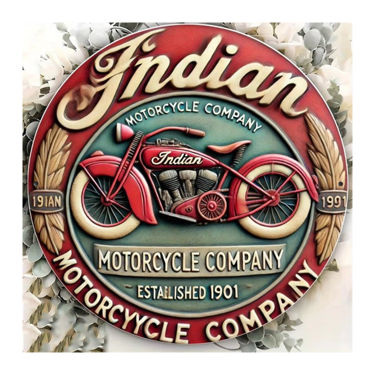 HELLOYOUNG Wanddekoration aus Folie mit rotem Vintage-Motorrad-Design, rund, wandmontiert - Bild 1