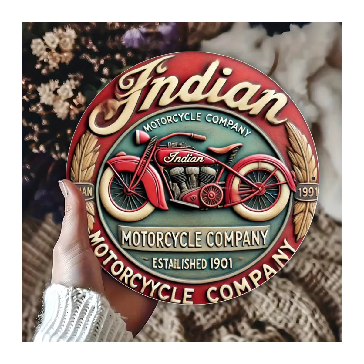 HELLOYOUNG Wanddekoration aus Folie mit rotem Vintage-Motorrad-Design, rund, wandmontiert - Bild 2