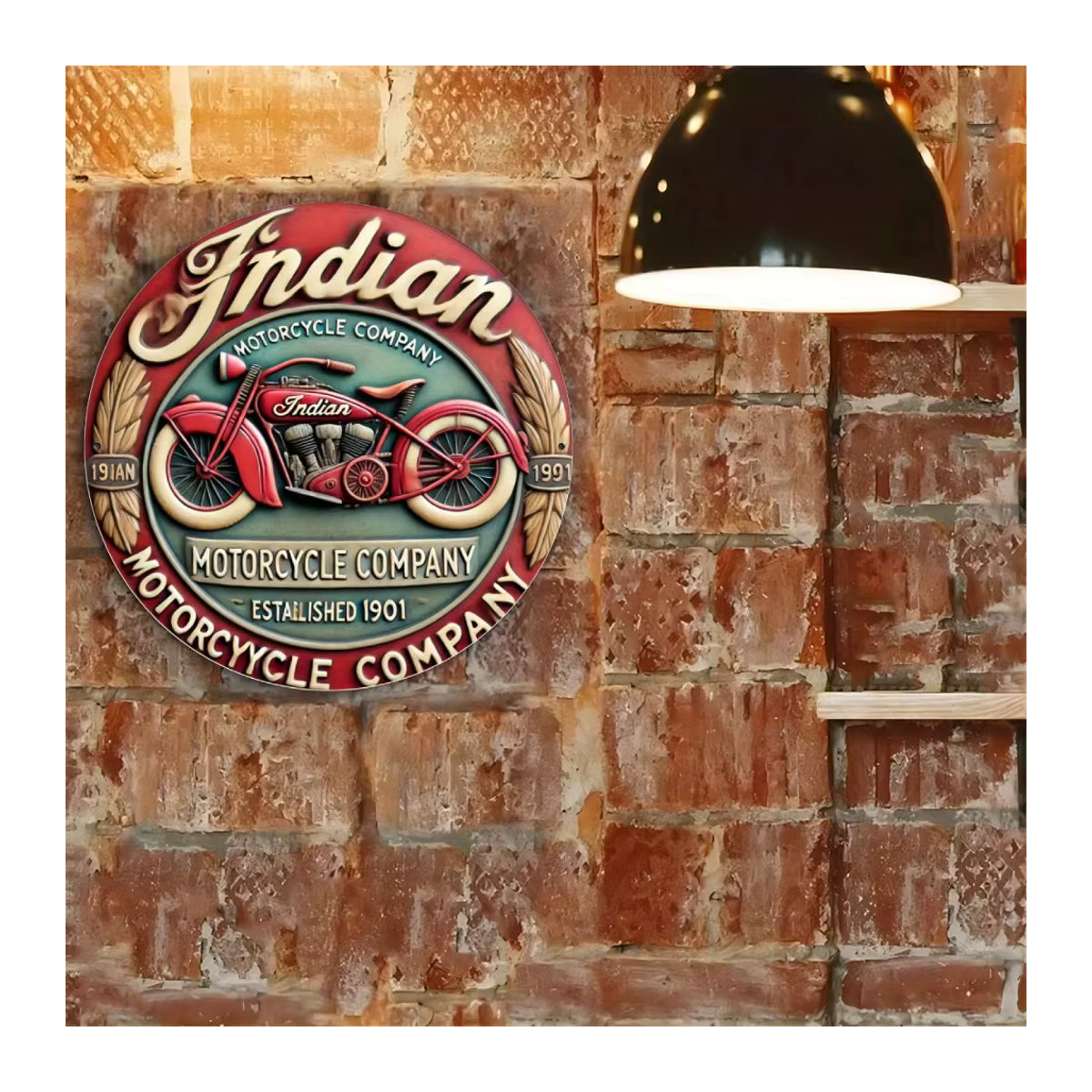 HELLOYOUNG Wanddekoration aus Folie mit rotem Vintage-Motorrad-Design, rund, wandmontiert - Bild 4