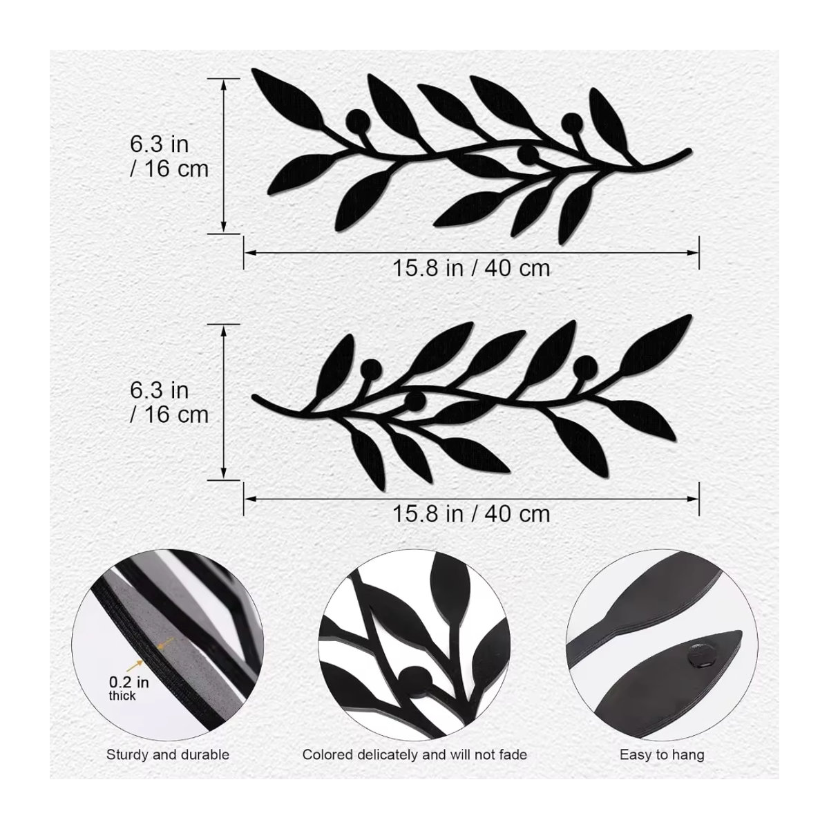 HELLOYOUNG Wanddekoration aus Metall im Olivenzweig-Design, 2er-Set, Schwarz, Floral Landhausstil - Bild 2