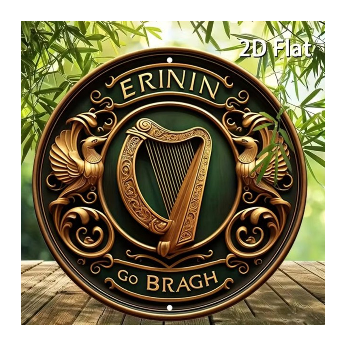 HELLOYOUNG Wanddekoration Erinnin Go Bragh! Rustikale irische Harfe und Schild, rund, Metall, grün - Bild 1
