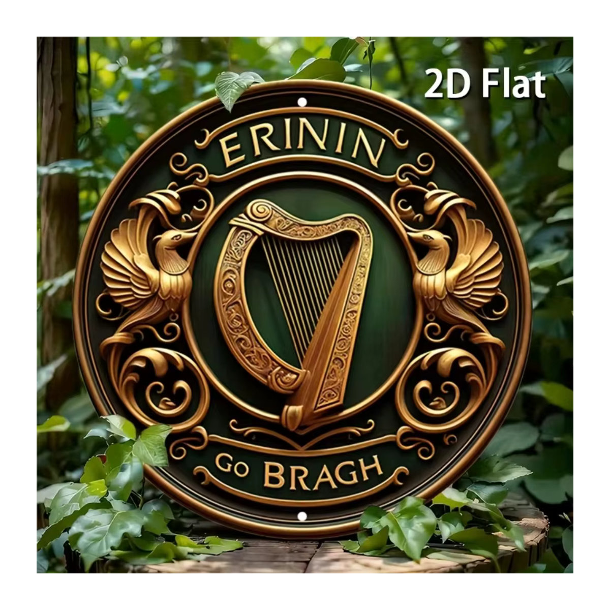 HELLOYOUNG Wanddekoration Erinnin Go Bragh! Rustikale irische Harfe und Schild, rund, Metall, grün - Bild 2